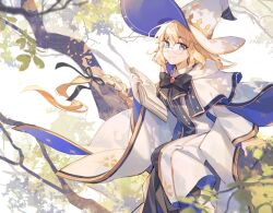 1girl aesc_(fate) aesc_(rain_witch)_(fate) blonde_hair blue_eyes book breasts citrusarjun fate/grand_order fate_(series) hat highres holding holding_book long_hair looking_at_viewer open_book robe round_eyewear sitting smile solo tree white_hat white_robe wide_sleeves witch_hat