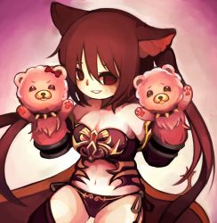 Rule 34 | 1girl, animal ears, armor, bad id, bad pixiv id, bare shoulders, bikini armor, breasts, cerberus (shingeki no bahamut), cleavage, dog ears, dog girl, empty eyes, gold trim, grin, hair between eyes, hand puppet, hands up, highres, large breasts, legs apart, long hair, no pupils, panties, puppet, red armor, red eyes, red hair, red panties, shadowverse, shingeki no bahamut, side-tie panties, smile, solo, strapless, twintails, underwear, very long hair, yukino super