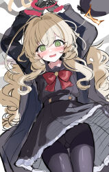 Rule 34 | 1girl, @ @, absurdres, arms up, beret, black coat, black gloves, black hat, black pantyhose, black sailor collar, black shirt, black skirt, blonde hair, blue archive, blush, bow, bowtie, coat, commentary request, gloves, green eyes, halo, hat, highres, long hair, long sleeves, looking at viewer, lying, on back, open clothes, open coat, open mouth, panties, panties under pantyhose, pantyhose, partial commentary, pleated skirt, professor niyaniya (blue archive), red bow, red bowtie, sailor collar, sak (lemondisk), shirt, skirt, solo, sweatdrop, underwear, unworn headwear