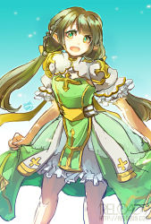 Rule 34 | 1girl, alternate color, arch bishop (ragnarok online), bad id, bad pixiv id, bloomers, brown hair, cleavage cutout, clothing cutout, commentary request, cross, dated, dress, feet out of frame, frilled sleeves, frills, green dress, green eyes, long hair, looking at viewer, official alternate costume, open mouth, pointy ears, ragnarok online, reload9 yohji, short sleeves, signature, solo, twintails, two-tone dress, underwear, watermark, web address, white dress