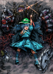 Rule 34 | 2b-ge, 2girls, backpack, bag, blue eyes, blue footwear, blue hair, blue shirt, blue skirt, boots, cable, circular saw, crowbar, electricity, flat cap, frills, full body, green headwear, hat, highres, kawashiro nitori, key, knee boots, mechanical arms, mechanical parts, medium hair, multiple girls, one-hour drawing challenge, open mouth, pocket, puffy short sleeves, puffy sleeves, saw, shirt, short sleeves, short twintails, skirt, smile, smoking pipe, this isn&#039;t even my final form, tongue, tongue out, touhou, twintails, two side up, weapon, yukkuri shiteitte ne