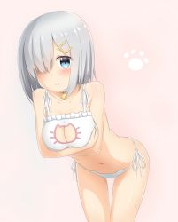 Rule 34 | 10s, 1girl, bad id, bad pixiv id, bare shoulders, bell, neck bell, neck bell, blush, bra, breasts, cat cutout, cat ear panties, cat lingerie, choker, cleavage cutout, clothing cutout, collar, cowboy shot, hair ornament, hair over one eye, hamakaze (kancolle), highres, jingle bell, kantai collection, large breasts, meme attire, navel, nedia (nedia region), panties, paw print, short hair, side-tie panties, silver hair, simple background, solo, stomach, underwear, underwear only, white bra