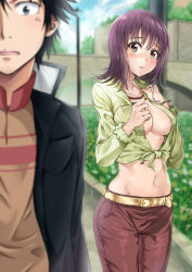 Rule 34 | 1boy, 1girl, :o, arm at side, belt, black eyes, black hair, black jacket, blue sky, blurry, blurry background, blurry foreground, blush, bracelet, breasts, bridge, brown eyes, brown pants, clenched hand, cloud, cloudy sky, collarbone, commentary, day, depth of field, earrings, embarrassed, front-tie top, gakuran, green shirt, hair between eyes, hand on own chest, hands up, hedge, hetero, highres, itsuwa, jacket, jewelry, kamijou touma, lamppost, large breasts, long sleeves, looking at another, looking at viewer, midriff, navel, neck, necklace, no bra, open clothes, open mouth, open shirt, orange shirt, out of frame, outdoors, pants, plant, purple hair, sayuuiede, school uniform, shirt, short hair, shy, sky, spiked hair, standing, striped clothes, striped shirt, tied shirt, toaru majutsu no index, vertical-striped clothes, vertical-striped shirt, yellow belt