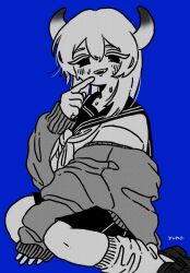 Rule 34 | 1girl, arm between legs, artist name, blue background, blush, cardigan, cardigan partially removed, fangs, finger to own chin, greyscale, half-closed eyes, halftone, highres, horns, isei ni ikou ne (cevio), loafers, long eyelashes, long hair, looking at viewer, loose socks, monochrome, neckerchief, open cardigan, open clothes, open mouth, pleated skirt, school uniform, serafuku, shoes, simple background, sitting, skirt, sleeves past wrists, smirk, socks, solo, spot color, sweat, tareme, wariza, yuna (the boon 109)