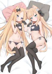 Rule 34 | 2girls, abigail williams (fate), absurdres, animal ears, aqua eyes, ass, bad id, bad twitter id, bare shoulders, bell, black bow, black bra, black gloves, black legwear, black panties, blonde hair, blue eyes, blush, bow, bra, breasts, cat cutout, cat ear panties, cat ears, cat lingerie, cat tail, choker, cleavage cutout, closed mouth, clothing cutout, collarbone, fate/grand order, fate (series), forehead, frilled bra, frills, full body, gloves, hair bow, highres, jingle bell, kamu (geeenius), legs, long hair, looking at viewer, lord el-melloi ii case files, lying, meme attire, multiple girls, navel, neck bell, on side, orange bow, panties, parted bangs, paw pose, pillow, reines el-melloi archisorte, small breasts, smile, tail, thighhighs, thighs, underwear