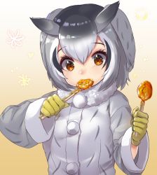 Rule 34 | 1girl, black hair, buttons, coat, commentary request, food, fur collar, fur trim, gloves, grey hair, highres, kemono friends, long sleeves, multicolored hair, northern white-faced owl (kemono friends), orange eyes, short hair, solo, spoon, tadano magu, upper body, utensil in mouth, white coat, white hair, winter clothes, winter coat, yellow gloves