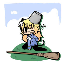 Rule 34 | 1girl, animal ears, bandages, blonde hair, broom, bucket, cat ears, cat tail, chibi, crossed bandaids, glasses, luu, pantyhose, perrine h. clostermann, solo, strike witches, tail, world witches series