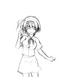 Rule 34 | 00s, 1girl, closed eyes, cowboy shot, greyscale, hairband, kagura tsukune, lowres, monochrome, open mouth, short hair, simple background, sketch, skirt, solo, sweatdrop, to heart (series), to heart 2, white background, yoshioka chie