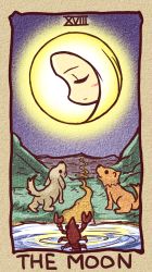 Rule 34 | dog, ikkyuu, lobster, lowres, moon, mountain, no humans, original, path, pool, road, tarot, tarot (medium), the moon (tarot), water, wolf