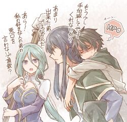 Rule 34 | 1girl, 2boys, :o, aqua hair, black hair, blue hair, breasts, brothers, carrying, cleavage, commentary request, ernst (ys), frieda (ys), geis (ys), hair between eyes, holding, holding weapon, long hair, mishiro (andante), multiple boys, open mouth, piggyback, purple eyes, short hair, siblings, sweat, teeth, translation request, upper teeth only, weapon, white trim, yellow eyes, ys, ys memories of celceta