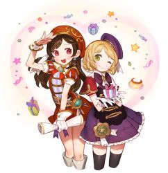 Rule 34 | 10s, 2girls, :&gt;, :d, academic (dragon nest), badge, beret, black legwear, blonde hair, blush, boots, bow, bowtie, brown hair, candy, circle, closed mouth, cowboy shot, cropped legs, curly hair, dice, dragon nest, dress, food, frilled dress, frills, gift, gloves, green eyes, gwayo, hair tubes, hat, head tilt, heart, heart background, holding, long hair, multiple girls, open mouth, parted bangs, pudding, puffy short sleeves, puffy sleeves, purple bow, purple bowtie, purple dress, purple hat, red dress, red eyes, red hat, round teeth, salute, sash, scroll, short dress, short hair, short sleeves, single glove, smile, standing, star (symbol), teeth, thigh boots, thighhighs, white background, white footwear, white gloves, wrist cuffs, zettai ryouiki