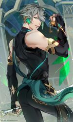 Rule 34 | 1boy, alhaitham (genshin impact), ass, bare shoulders, bodysuit, crycry, dual wielding, elbow gloves, from behind, genshin impact, gloves, green eyes, grey hair, highres, holding, key, looking at viewer, looking back, male focus, skin tight, smile, solo, sword, waist cape, waist sash, weapon