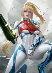 Rule 34 | 1girl, arm cannon, armor, artist name, blonde hair, blue eyes, bodysuit, breasts, cannon, commentary request, covered navel, directed-energy weapon, energy cannon, energy weapon, glowing, glowing weapon, kneeling, lips, long hair, looking at viewer, medium breasts, metroid, metroid dread, mole, mole under mouth, neon trim, nintendo, on one knee, parted lips, ponytail, sade abyss, samus aran, shiny clothes, shoulder armor, signature, simple background, skin tight, turtleneck, weapon, white bodysuit