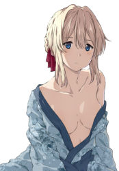 Rule 34 | bare shoulders, blonde hair, blush, braid, breasts, cleavage, clothes lift, collarbone, colored skin, hair between eyes, highres, japanese clothes, kimono, large breasts, looking at viewer, neck, ribbon, violet evergarden, violet evergarden (series), wakkuchin20, white background, white skin, yukata