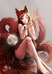 Rule 34 | 1girl, absurdres, ahri (league of legends), animal ears, bbkid, character request, copyright request, fox ears, fox tail, heart, highres, long hair, multiple tails, nude, orange eyes, red hair, simple background, solo, tail, water drop