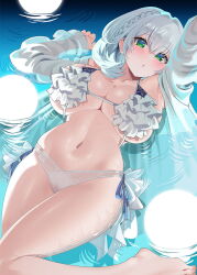 Rule 34 | 1girl, alternate costume, barefoot, bikini, blush, braid, breasts, chou shippai-saku, commentary request, frilled bikini, frills, green eyes, highres, hololive, large breasts, looking at viewer, lying, navel, on back, open clothes, open shirt, shirogane noel, shirt, short hair, solo, swimsuit, thighs, toes, virtual youtuber, water, wet, wet clothes, white bikini, white hair, white shirt