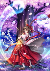 Rule 34 | 1girl, arched back, bow, brown hair, cherry blossoms, detached sleeves, female focus, gohei, hair bow, hair ribbon, hakurei reimu, hitodama, japanese clothes, long skirt, looking at viewer, magic, mary janes, pantyhose, red eyes, ribbon, shoes, skirt, solo, tidsean, touhou, tree, white pantyhose, wide sleeves