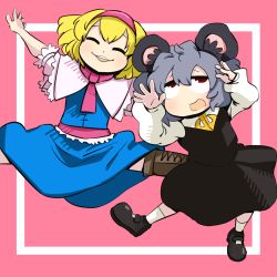 Rule 34 | 2girls, alice margatroid, animal ears, black footwear, blonde hair, blue dress, blush, capelet, closed eyes, commentary request, cookie (touhou), dress, frilled capelet, frills, full body, gram 9, grey hair, grey skirt, grey vest, hair between eyes, hairband, ichigo (cookie), long sleeves, mouse ears, mouse girl, multiple girls, nazrin, neckerchief, nyon (cookie), open mouth, pink background, pink hairband, pink neckerchief, pink sash, red eyes, sash, shirt, shoes, short hair, skirt, smile, socks, split mouth, touhou, upturned eyes, vest, white capelet, white legwear, white shirt