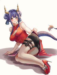 Rule 34 | 1girl, absurdres, arknights, ass, bare legs, black shorts, blue hair, blush, breasts, ch&#039;en (ageless afterglow) (arknights), ch&#039;en (arknights), china dress, chinese clothes, cleavage, cleavage cutout, clothing cutout, commentary request, double bun, dragon horns, dragon tail, dress, grey background, hair bun, high heels, highres, holster, horns, korean commentary, long hair, looking at viewer, medium breasts, official alternate costume, red dress, red eyes, red footwear, shadow, short shorts, shorts, sidelocks, simple background, sleeveless, sleeveless dress, solo, tail, thigh holster, thigh strap, thighs, uth 95