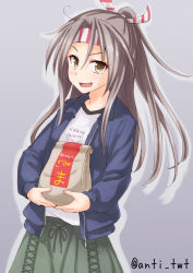 Rule 34 | 10s, 1girl, anti (untea9), bag, blue jacket, brand name imitation, brown eyes, casual, cowboy shot, grey background, grey hair, hair ornament, hair ribbon, headband, highres, jacket, kantai collection, long hair, long sleeves, mcdonald&#039;s, open clothes, open mouth, paper bag, ponytail, ribbon, shirt, sidelocks, simple background, solo, standing, sweat, twitter username, white shirt, zuihou (kancolle)