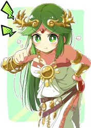 Rule 34 | &gt;:(, absurdres, ancient greek clothes, armlet, bare shoulders, breasts, chiton, collar, dress, forehead jewel, gold, green eyes, green hair, highres, jewelry, kid icarus, kid icarus uprising, laurel crown, long hair, merugamu melgum, nintendo, palutena, parted bangs, pendant, side slit, single thighhigh, strapless, strapless dress, thighhighs, v-shaped eyebrows, vambraces, very long hair, white dress