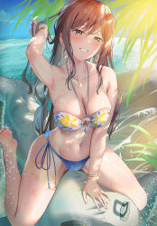 Rule 34 | 1girl, absurdres, arm up, armpits, bang dream!, bare arms, bare legs, bare shoulders, barefoot, beach, bikini, blue bikini, blue sky, blush, bracelet, breasts, brown hair, cleavage, cloud, collarbone, commentary, day, earrings, floral print, furiousghafo, glint, green eyes, grin, groin, hair between eyes, hair down, hair lift, half-closed eyes, halterneck, highres, hoop earrings, horizon, imai lisa, inflatable orca, inflatable toy, jewelry, knees out of frame, long hair, looking at viewer, medium breasts, navel, o-ring, o-ring bikini, o-ring top, ocean, official alternate costume, outdoors, palm tree, parted lips, print bikini, side-tie bikini bottom, sidelocks, sitting, sky, smile, soles, solo, stomach, sunlight, swimsuit, tree, wavy hair, wet, wet hair, white bikini