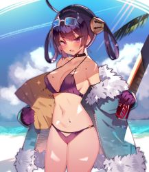 Rule 34 | 1girl, ahoge, azur lane, beach, bikini, blue sky, breasts, can, choker, cleavage, coat, commentary, cowboy shot, day, drink can, english commentary, eyewear on head, fur trim, gloves, hair rings, horizon, medium breasts, navel, ning hai (azur lane), ning hai (summer hunger) (azur lane), official alternate costume, open clothes, open coat, open mouth, outdoors, purple bikini, purple eyes, purple gloves, purple hair, sky, soda can, solo, soukou makura, sweat, swimsuit, undressing