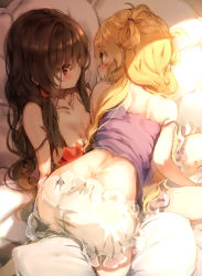 Rule 34 | 2girls, all fours, alternate hairstyle, arm support, ass, bare arms, bare shoulders, bed, blonde hair, bloomers, blush, braid, breasts, brown hair, camisole, collarbone, commentary request, eye contact, feet out of frame, hair between eyes, hair tubes, hakurei reimu, kirisame marisa, long hair, looking at another, medium breasts, midriff, multiple girls, no headwear, pillow, piyokichi, red eyes, sidelocks, single braid, sitting, strap slip, touhou, two side up, underwear, wavy hair, white bloomers, yellow eyes, yuri