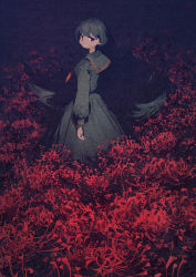 Rule 34 | 1girl, arm at side, arms at sides, black hair, black shirt, black skirt, black theme, blouse, field, flower, flower field, highres, long hair, long skirt, long sleeves, looking at viewer, looking back, original, pleated skirt, potg (piotegu), red eyes, red neckwear, red theme, sailor collar, school uniform, serafuku, shirt, skirt, solo, spider lily, very long hair