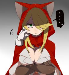 Rule 34 | 1girl, ara taro, blonde hair, breasts, cape, cleavage, gloves, gradient background, green eyes, grey background, hair over one eye, hood, large breasts, original, pout, shaded face, solo, wide sleeves