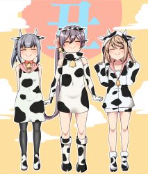 Rule 34 | 3girls, abukuma (kancolle), akebono (kancolle), alternate costume, animal ears, animal print, arms behind back, bell, black legwear, blonde hair, boots, bow, brown hair, chinese zodiac, closed mouth, commentary request, covered navel, cow ears, cow hood, cow horns, cow print, dress, facing viewer, fake animal ears, fake horns, grey hair, hair bell, hair bow, hair ornament, hair ribbon, hood, hood up, horns, kanji, kantai collection, kasumi (kancolle), knee boots, long hoodie, long sleeves, medium dress, multiple girls, neck bell, new year, one side up, pantyhose, print dress, print footwear, ribbon, shino (ponjiyuusu), shoes, short dress, side ponytail, sleeveless, sleeveless dress, smile, standing, w arms, white footwear, year of the ox
