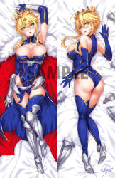 Rule 34 | 1girl, absurdres, ahoge, arm up, armor, armpits, artist name, artoria pendragon (fate), artoria pendragon (lancer) (fate), ass, back, bare shoulders, blue gloves, blue leotard, blue thighhighs, blush, boots, braid, breasts, cape, cleavage cutout, clothing cutout, covered navel, crown, dakimakura (medium), elbow gloves, fate/grand order, fate (series), female focus, french braid, fur-trimmed cape, fur trim, gauntlets, gloves, greaves, green eyes, hair between eyes, heattech leotard, highleg, highleg leotard, highres, large breasts, legs, leotard, long hair, looking at viewer, multiple views, open mouth, red cape, sakiyamama, sidelocks, signature, thigh boots, thighhighs, thighs, turtleneck, watermark