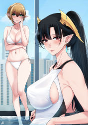 Rule 34 | 2girls, bikini, black hair, blush, braid, breasts, cleavage, earrings, french braid, green eyes, hair between eyes, hand on own cheek, hand on own face, highres, horns, indie virtual youtuber, jewelry, large breasts, lips, long hair, looking at viewer, multiple girls, partially submerged, pixela project, pointy ears, ponytail, pool, red eyes, signature, skindentation, smile, swimsuit, umino ciala, virtual youtuber, white bikini, window, xter