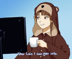 Rule 34 | 1girl, animal costume, asymmetrical hair, bear costume, blue background, blue outline, brown eyes, cup, english text, giganticbuddha, gradient background, hair ornament, hairclip, holding, holding cup, iwakura lain, looking at object, meme, monitor, outline, paul rudd, serial experiments lain, short hair, single sidelock, subtitled, tim and eric awesome show, great job!, tim and eric awesome show great job!, x hair ornament