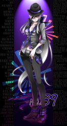 Rule 34 | 1girl, billie jean, caffein, clothes pull, fedora, hair over one eye, hat, highres, long hair, michael jackson, nail polish, navel, necktie, pants, pants pull, ponytail, purple nails, real life, red eyes, shoes, silver hair, smile, solo, vocaloid, yowane haku