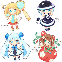 Rule 34 | 4girls, aikei ake, bare arms, black dress, black footwear, black headwear, black socks, blonde hair, blue eyes, blue hair, blue necktie, blue ribbon, blush, brown hair, bun cover, candy, candy wrapper, chibi, closed mouth, commentary request, double bun, dress, flower, food, hair bun, hair flower, hair ornament, hair ribbon, hands on headwear, hands up, hat, highres, holding, jacket, kneehighs, lollipop, long hair, looking at viewer, magnifying glass, multiple girls, neck ribbon, necktie, open clothes, open jacket, original, parted lips, personification, pleated skirt, pouch, red skirt, red socks, ribbon, shoes, sidelocks, simple background, skirt, sleeveless, sleeveless dress, smile, socks, standing, star (symbol), stuffed animal, stuffed rabbit, stuffed toy, sweater, swirl lollipop, translation request, turtleneck, turtleneck sweater, twintails, very long hair, white background, white dress, white flower, white footwear, white hair, white jacket, yellow footwear, yellow sweater
