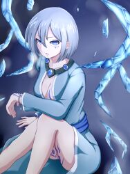 Rule 34 | 1girl, arm tattoo, bare legs, blue background, blue eyes, blue gemstone, blue sash, bracelet, breast tattoo, breasts, breath, cleavage, collarbone, commentary request, detached wings, facial tattoo, feet out of frame, gem, grey hair, grey kimono, hair between eyes, highres, ice, ice wings, irma (mon-musu quest!), japanese clothes, jewelry, kimono, knee up, leg tattoo, long sleeves, looking at viewer, medium breasts, mon-musu quest!, mon-musu quest: paradox, open clothes, open kimono, parted lips, partial commentary, raichi (ddq0246), ringed eyes, sash, short hair, simple background, sitting, solo, tattoo, usekh collar, wings, witch