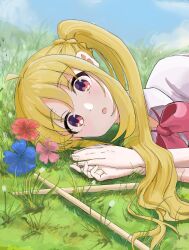 Rule 34 | 1girl, ahoge, blackxyfaf, blonde hair, blue flower, bocchi the rock!, bow, bowtie, collared shirt, drumsticks, flower, ijichi nijika, looking at viewer, lying, on side, pink flower, red bow, red bowtie, red flower, school uniform, shirt, side ponytail, two-tone eyes, upper body, white shirt