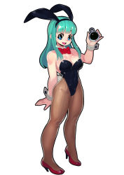 Rule 34 | 1girl, absurdres, animal ears, blunt bangs, blush, bow, bowtie, breasts, bulma, cleavage, curvy, dragon ball, fake animal ears, fengmo, full body, highres, leotard, long hair, looking at viewer, midriff, navel, pantyhose, playboy bunny, rabbit ears, rabbit tail, red bow, red bowtie, shiny skin, simple background, smile, solo, standing, tail, white background