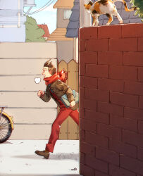 Rule 34 | 1boy, ace attorney, antenna hair, apollo justice, bicycle, brick wall, brown footwear, brown hair, brown jacket, building, buttons, calico, cat, fence, foot out of frame, from side, hi-fi (fijazzy), holding, house, jacket, long sleeves, outdoors, pants, pebble, profile, red pants, red scarf, running, scarf, short hair, socks, solo, steam from mouth, striped clothes, striped socks, toggles, vertical-striped clothes, vertical-striped socks, wooden fence