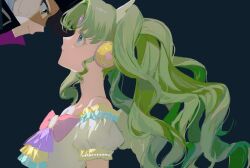 Rule 34 | 2girls, bare shoulders, blue background, bow, closed mouth, colored eyelashes, eye contact, eye mask, falulu, falulu (awakened), from side, green hair, grey eyes, headphones, idol clothes, long hair, looking at another, looking up, multiple girls, nima (nimamann), parted bangs, pink bow, pretty series, pripara, profile, puffy sleeves, shikyoin hibiki, sidelocks, simple background, twintails, upper body, very long hair
