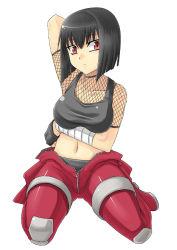 Rule 34 | 1girl, armpits, black hair, breast hold, breast suppress, breasts, fishnet top, fishnets, large breasts, midriff, minarai, navel, red eyes, short hair, simple background, solo, unzipped, zipper