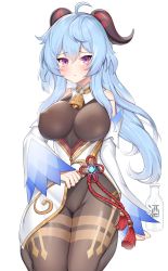 Rule 34 | 1girl, absurdres, ahoge, alcohol, bare shoulders, bell, black legwear, black leotard, blue hair, blush, bodystocking, bodysuit, breasts, chinese knot, clothes lift, clothing aside, covered erect nipples, detached sleeves, flower knot, ganyu (genshin impact), genshin impact, gold trim, groin, highres, horns, large breasts, leotard, leotard under clothes, lifted by self, long hair, looking at viewer, low ponytail, neck bell, neko lu (wofud453), no gloves, pelvic curtain, pelvic curtain aside, pelvic curtain lift, purple eyes, sake, sidelocks, sitting, solo, tassel, thighlet, thighs, vision (genshin impact), wariza, white background, white sleeves, wide sleeves