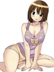 Rule 34 | breasts, brown eyes, brown hair, dmayaichi, hand on own hip, highres, large breasts, mai nadare, my blue demon, short hair, shorts, simple background, swimsuit, tank top, clothes writing