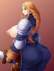 Rule 34 | 1girl, absurdres, agrias oaks, armor, ass, blonde hair, blue eyes, braid, breasts, breasts out, desuroguma, final fantasy, final fantasy tactics, from behind, highres, huge ass, huge breasts, lips, long hair, looking at viewer, looking back, nipples, puffy nipples, simple background, smile, solo, sword, weapon