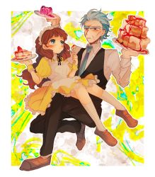 Rule 34 | 1boy, 1girl, alternate costume, animification, apron, brown hair, cake, dress, enmaided, food, frilled apron, frilled dress, frills, genderswap, genderswap (mtf), grandfather and grandson, highres, holding, holding tray, maid, maid apron, maid headdress, messy hair, morticia smith, morty smith, multiple boys, necktie, noko6, puffy short sleeves, puffy sleeves, rick and morty, rick sanchez, short hair, short sleeves, spiked hair, tray, vest, waist apron, white apron, wrist cuffs