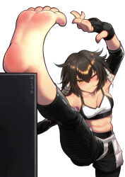 Rule 34 | 1girl, arknights, arm up, bare shoulders, barefoot, black gloves, black hair, black pants, breasts, cleavage, commentary request, crop top, fingerless gloves, foot focus, foreshortening, gloves, highres, leggings, looking at viewer, medium breasts, midriff, navel, official alternate costume, one eye closed, pants, plume (arknights), plume (easy time) (arknights), short hair, solo, sports bra, standing, standing on one leg, stomach, yamauchi (conan-comy), yellow eyes