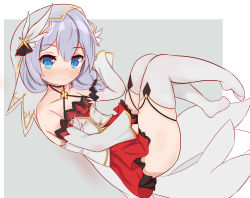 Rule 34 | 1girl, absurdres, bare shoulders, blue eyes, closed mouth, full body, grey background, hair between eyes, hat, highres, honkai (series), honkai impact 3rd, jingdong ssa, looking at viewer, side ponytail, simple background, smile, solo, theresa apocalypse, theresa apocalypse (celestial hymn), thighhighs, white hair, white thighhighs