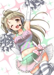 Rule 34 | 1girl, absurdres, artist name, artist request, bare shoulders, blush, bow, breasts, brown eyes, character name, cheerleader, clothes lift, collarbone, elbow sleeves, female focus, grey hair, hair bow, headphones, headset, highres, holding, holding pom poms, long hair, love live!, love live! school idol festival, love live! school idol project, medium breasts, minami kotori, parted lips, pink bow, polka dot, polka dot bow, pom pom (cheerleading), pom poms, shirt, skirt, smile, solo, star (symbol), star print, striped bow, striped clothes, striped thighhighs, takochan77, teeth, thighhighs, upper teeth only, white background