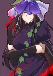 Rule 34 | 1girl, black gloves, black hair, breasts, closed mouth, commentary, cowboy shot, dated, dress, flower, flower on head, gloves, grape print, highres, ieka, large breasts, long hair, looking at viewer, one eye covered, puffy short sleeves, puffy sleeves, purple background, purple dress, purple eyes, purple flower, short sleeves, sidelocks, signature, simple background, smile, solo, symbol-only commentary, touhou, unfinished dream of all living ghost, very long hair, vine print, yomotsu hisami